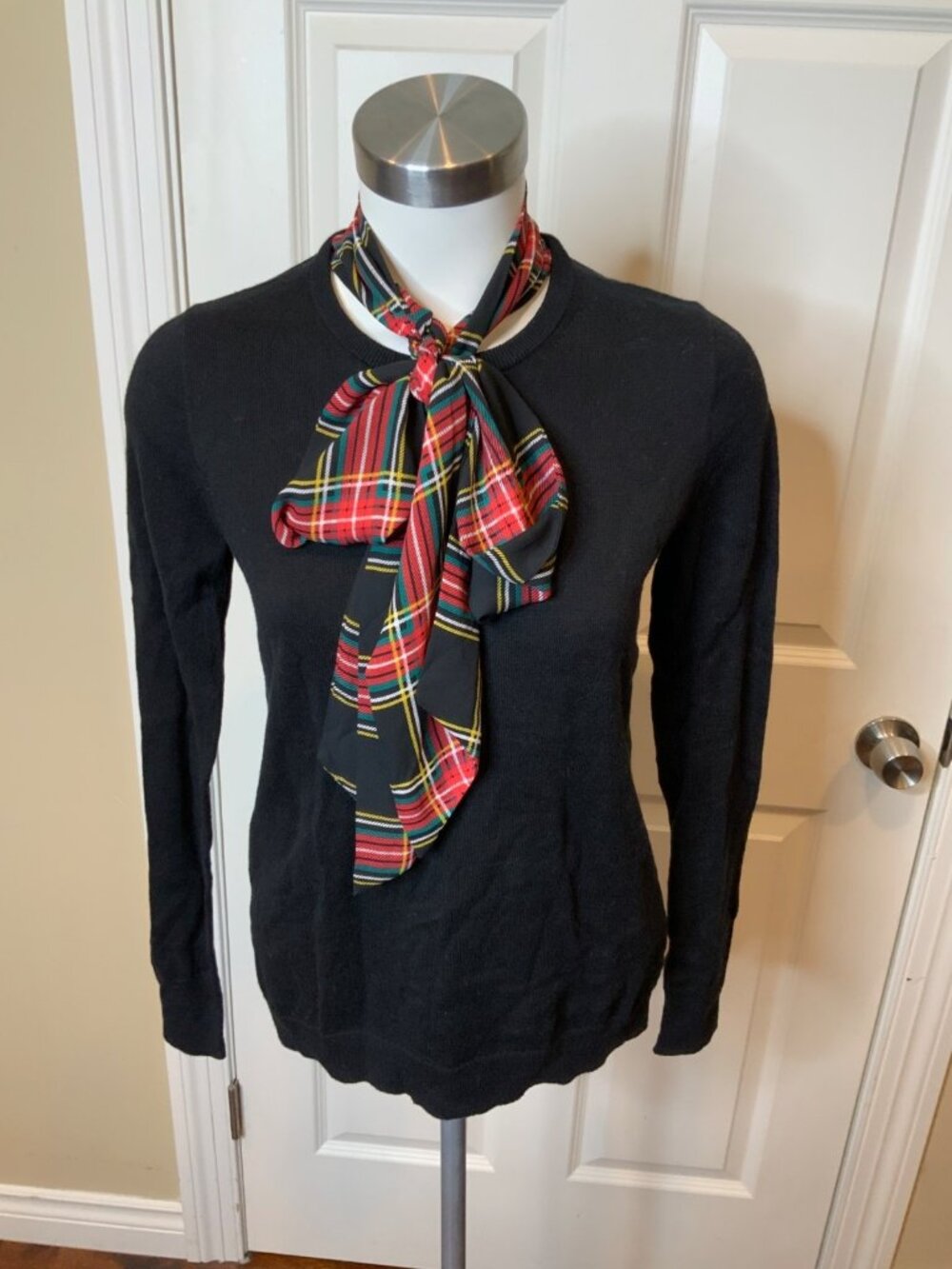 J.Crew Black Tartan Bow Tie-Neck Sweater NWT, Size XS